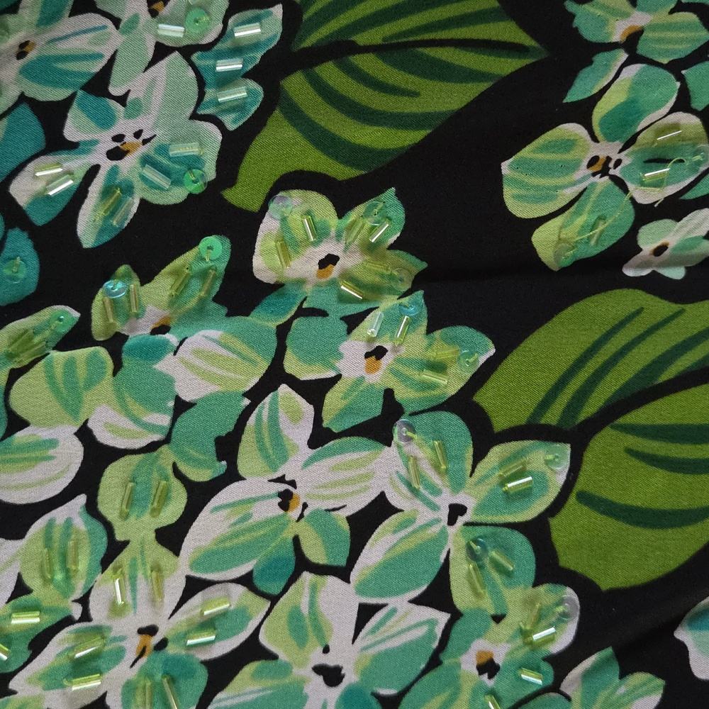 Bob Mackie Green and Blue Floral Shirt With Iridescent Beads On The Front - Picture 3 of 4